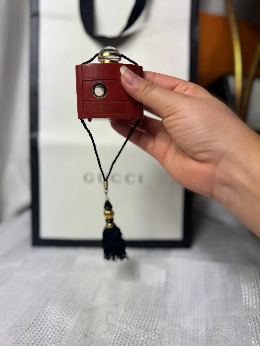 Vintage 80s Collector Yves Saint Laurent Red Black Opium Bottle Pendant Tassel